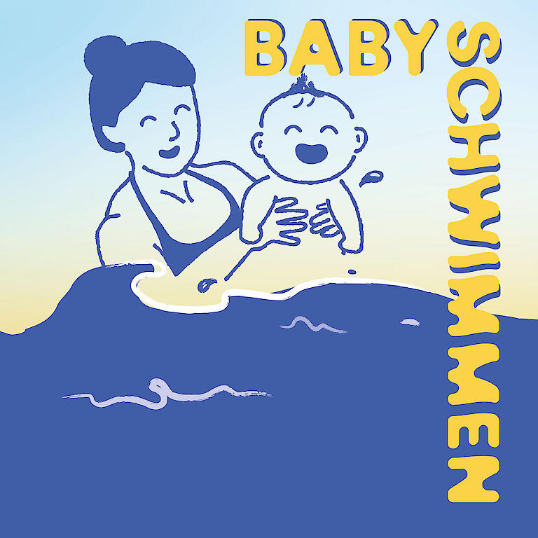 Zeichnung einer Frau mit Baby in den Händen im Wasser. Schriftzug "Babyschwimmen"