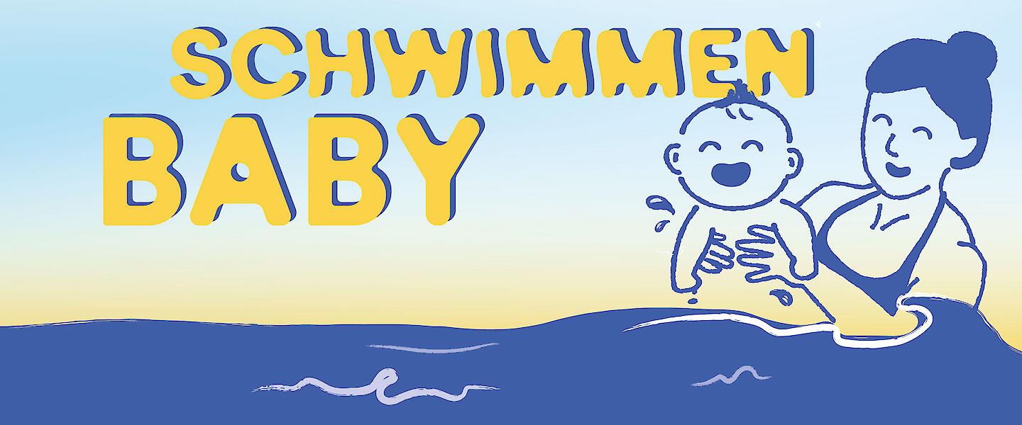 Zeichnung einer Frau mit Baby in den Händen im Wasser. Schriftzug "Babyschwimmen"