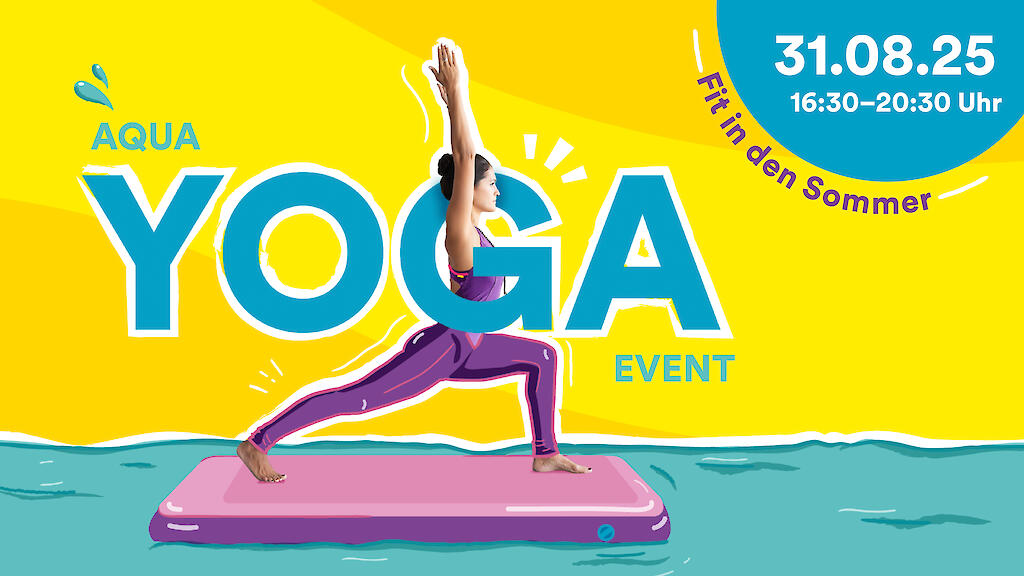 Frau macht Yoga auf einem Board im Wasser - Ankündigung zum Aqua Yoga Event im Rheinblick 741.