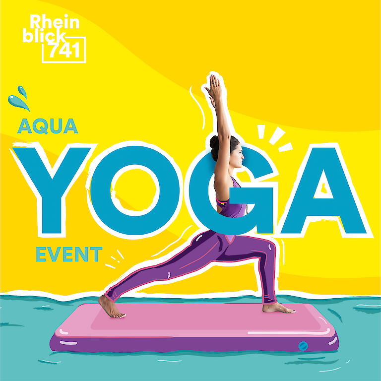 Frau macht Yoga auf einem Board im Wasser - Ankündigung zum Aqua Yoga Event im Rheinblick 741.