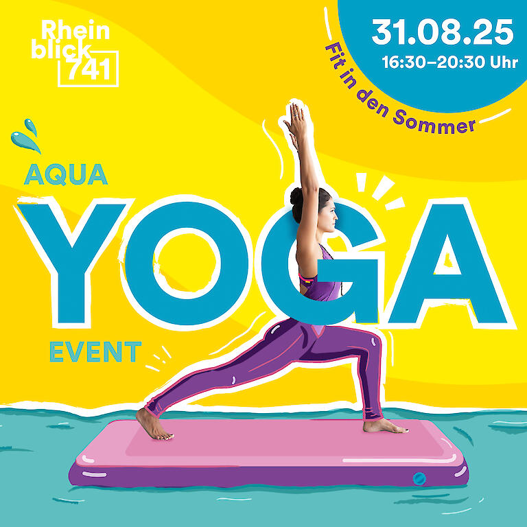 Frau macht Yoga auf einem Board im Wasser - Ankündigung zum Aqua Yoga Event im Rheinblick 741.
