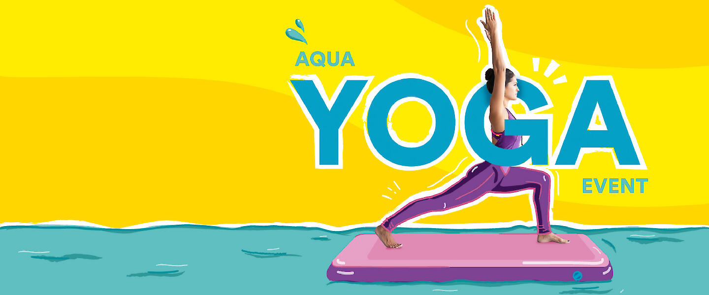 Frau macht Yoga auf einem Board im Wasser - Ankündigung zum Aqua Yoga Event im Rheinblick 741.