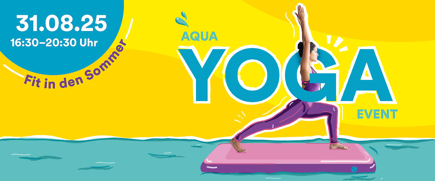 Frau macht Yoga auf einem Board im Wasser - Ankündigung zum Aqua Yoga Event im Rheinblick 741.