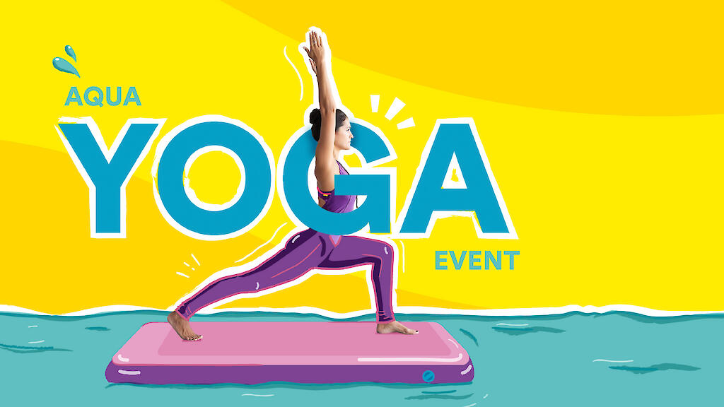 Frau macht Yoga auf einem Board im Wasser - Ankündigung zum Aqua Yoga Event im Rheinblick 741.