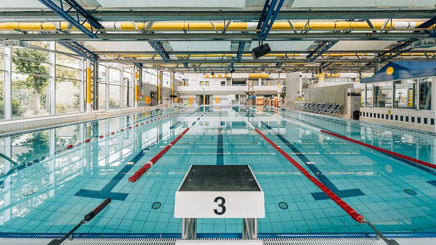 Das 25m-Becken mit fünf Bahnen davon eine Schwimmerautobahn sowie Startblöcken.