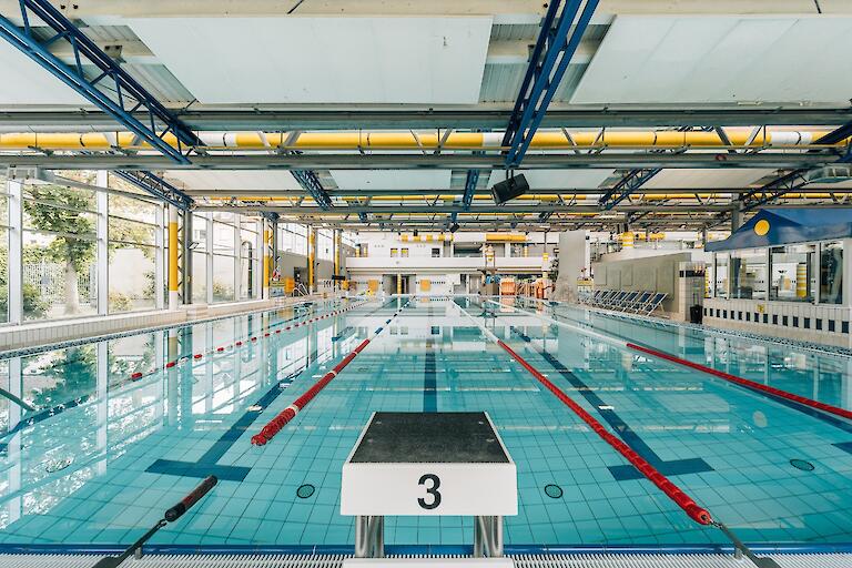 Schwimmhalle im Freizeitbad Düsselstrand. Das 25m-Becken mit fünf Bahnen davon eine Schwimmerautobahn sowie Startblöcken.