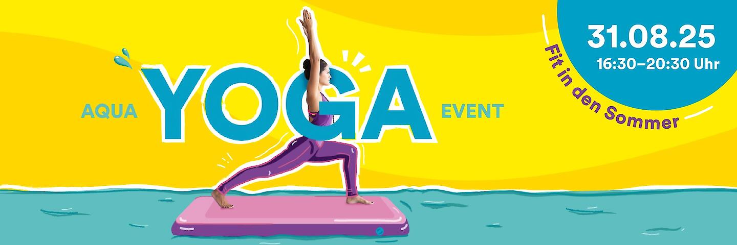 Frau macht Yoga auf einem Board im Wasser - Ankündigung zum Aqua Yoga Event im Rheinblick 741.