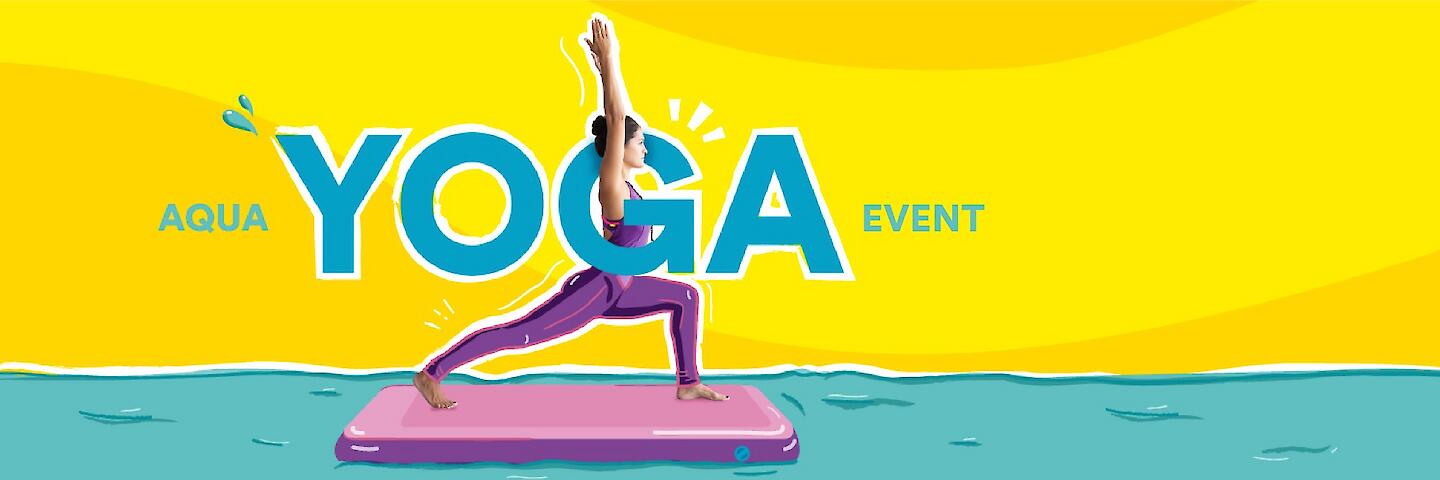 Frau macht Yoga auf einem Board im Wasser - Ankündigung zum Aqua Yoga Event im Rheinblick 741.