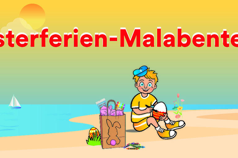 Veranstaltungsgrafik mit Denni Düssel zur Osterferienmalaktion.