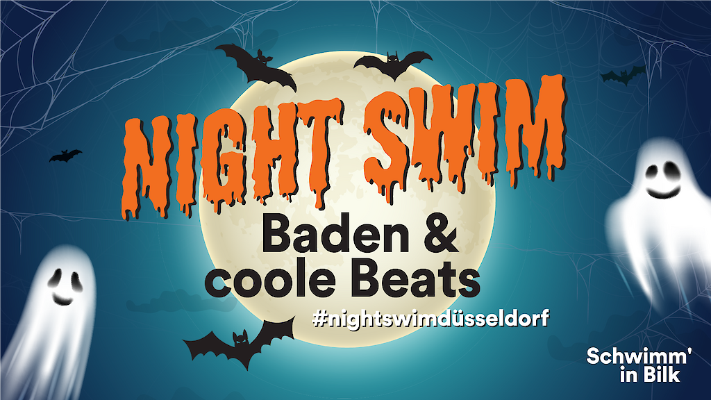 Veranstaltungsgrafik zum Halloween Night Swim im Schwimm' in Bilk.