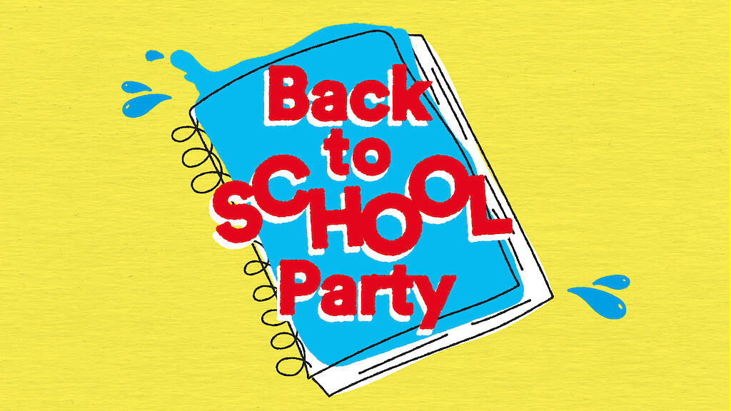 Ankündigung zur Freibadveranstaltung "Back to School Party" am 01.09.2026 von 12 bis 16 Uhr im Freibad Benrath mit Musik und Kinderanimationsteam.