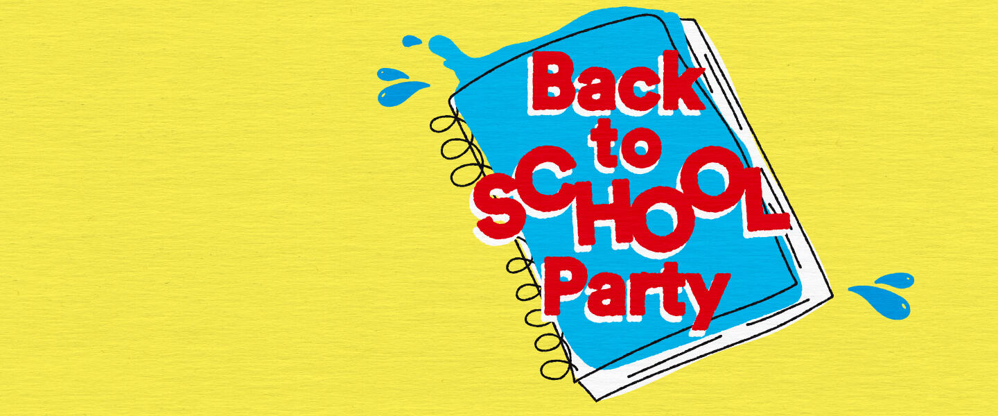 Ankündigung zur Freibadveranstaltung "Back to School Party" am 01.09.2026 von 12 bis 16 Uhr im Freibad Benrath mit Musik und Kinderanimationsteam.