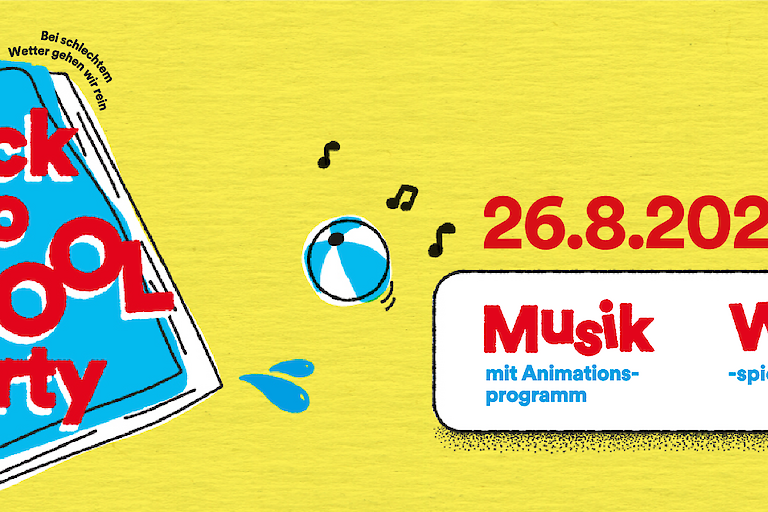 Ankündigung zur Freibadveranstaltung &quot;Back to School Party&quot; am 26.08.2025 von 12 bis 16 Uhr im Freibad Benrath mit Musik und Kinderanimationsteam.