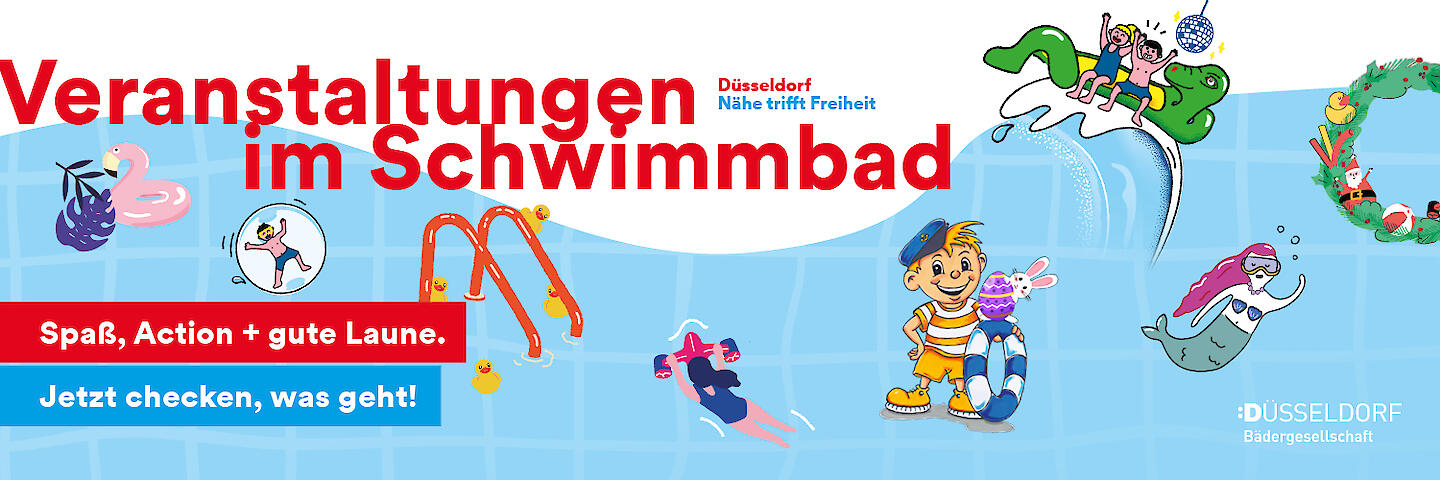 Grafik zu Veranstaltung im Schwimmbad mit dem Maskottchen Denni Düssel und weiteren kleinen Icons.