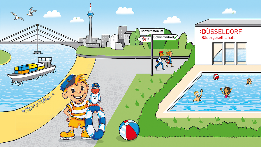 Grafik mit Denni Düssel der Richtung Schwimmbad schaut und nicht Richtung Rhein.
