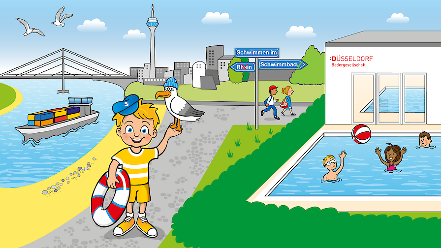 Grafik mit Denni Düssel der Richtung Schwimmbad schaut und nicht Richtung Rhein.