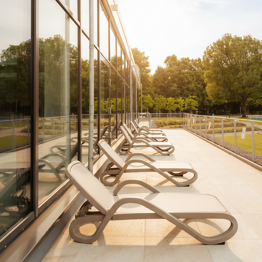Sonnenterrase im Badehaus Benrath mit Sonnenliegen.