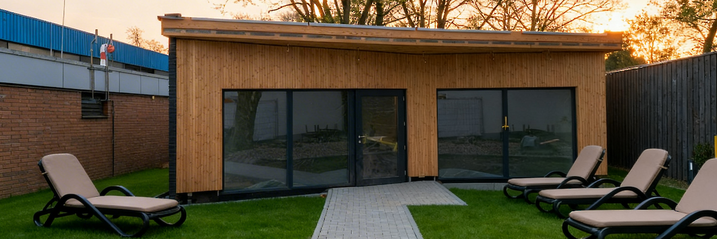Das neue Ruhehaus in der Suomi-Sauna mit Liegen im Vordergrund.