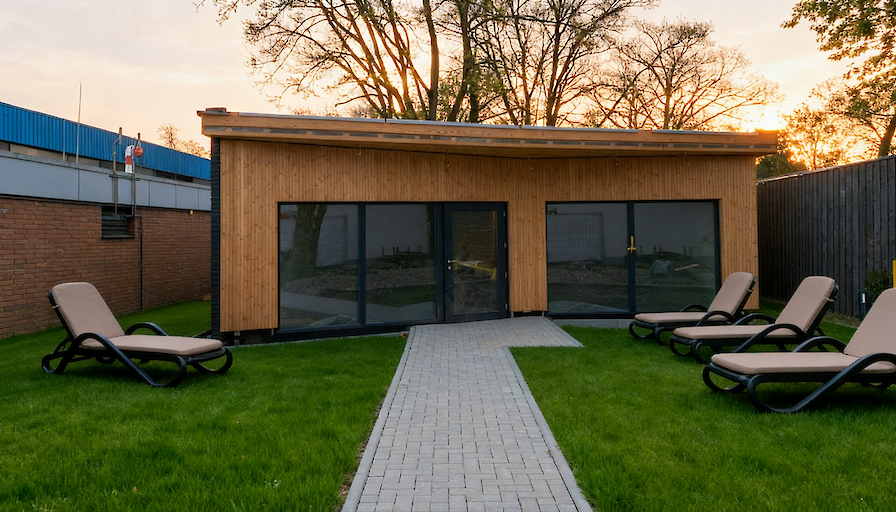 Das neue Ruhehaus in der Suomi-Sauna mit Liegen im Vordergrund.