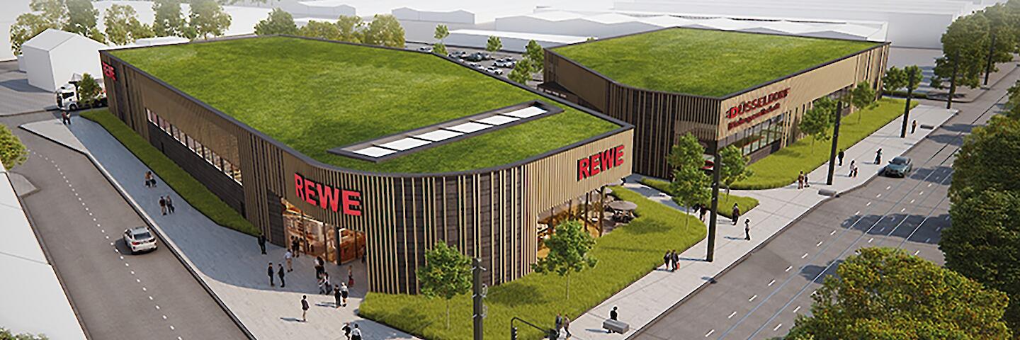 Rendering des Neubauprojektes Unterrath neben dem Rewe-Markt an der Ulmenstraße.